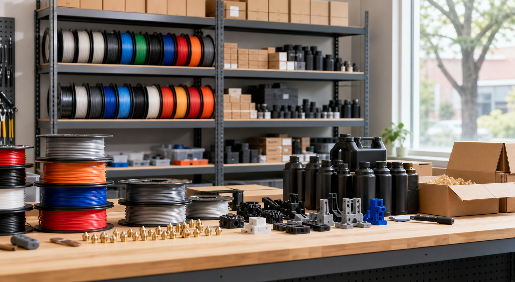 PETG filament and 3D printing supplies on shelves