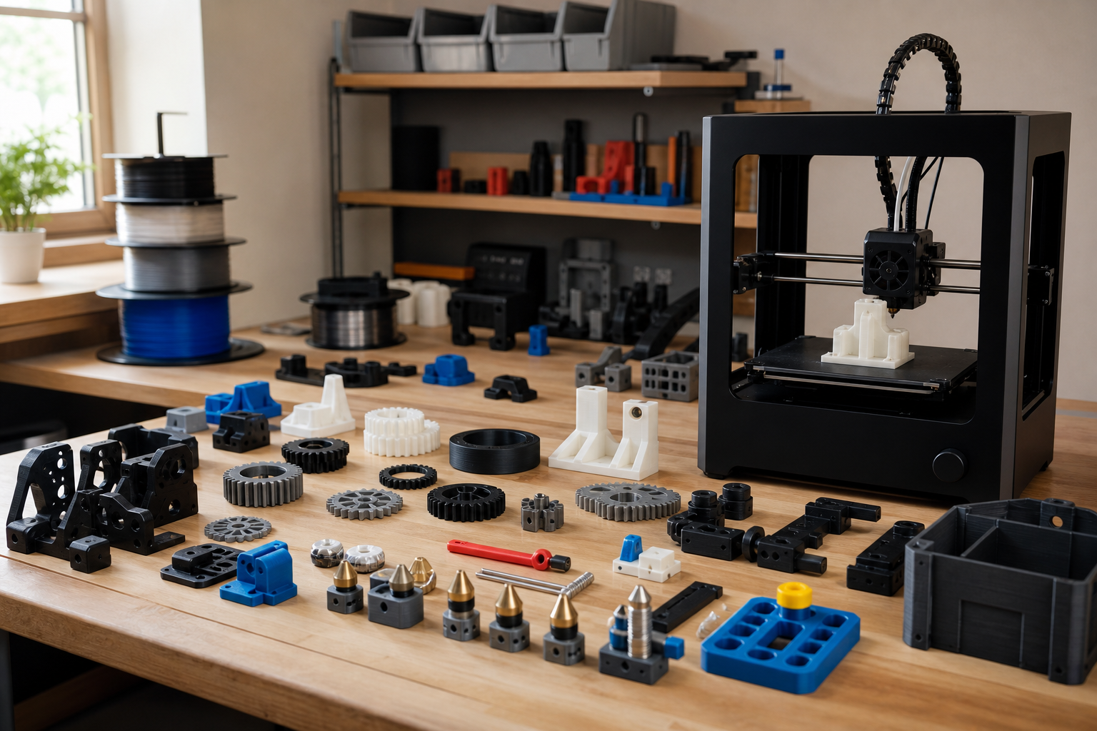 3D printer parts and printed samples on a workshop table