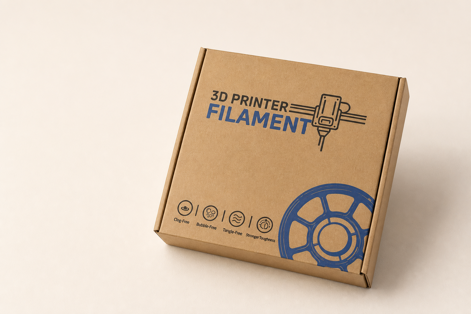 Commercial product photo of boxed 3D printer filament